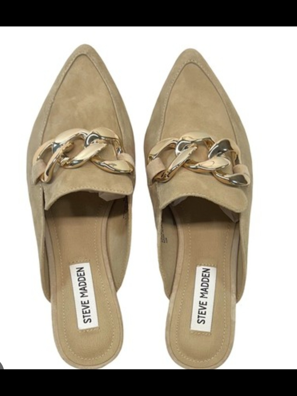 Steve Madden Taupe Suede Pointed Mules with Gold Chain